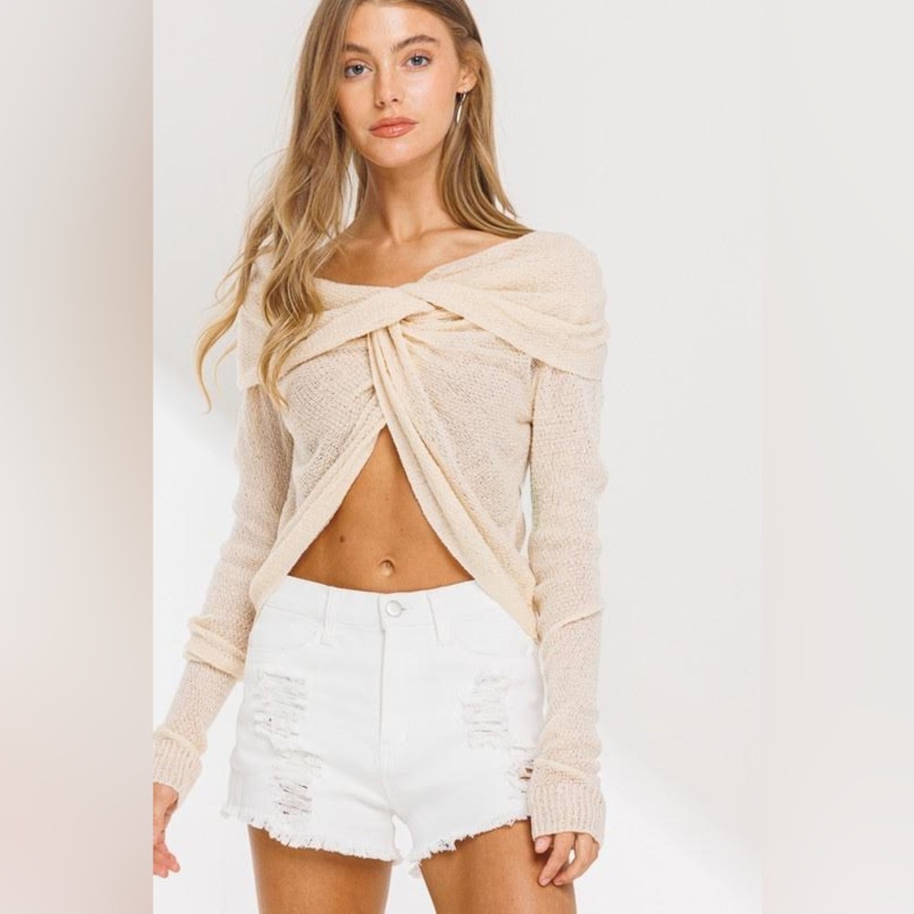 Off the Shoulder Twist Front Sweater Top